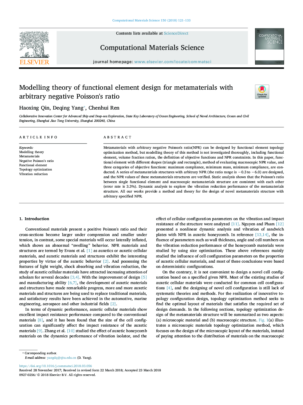 Modelling theory of functional element design for metamaterials with arbitrary negative Poisson's ratio