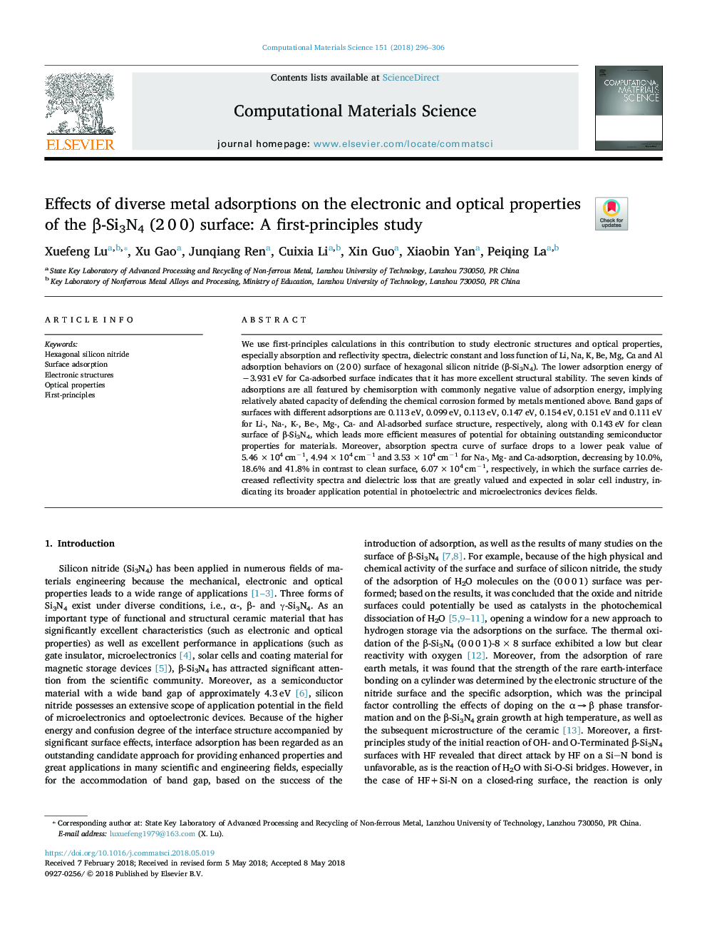 Effects of diverse metal adsorptions on the electronic and optical properties of the Î²-Si3N4 (2â¯0â¯0) surface: A first-principles study