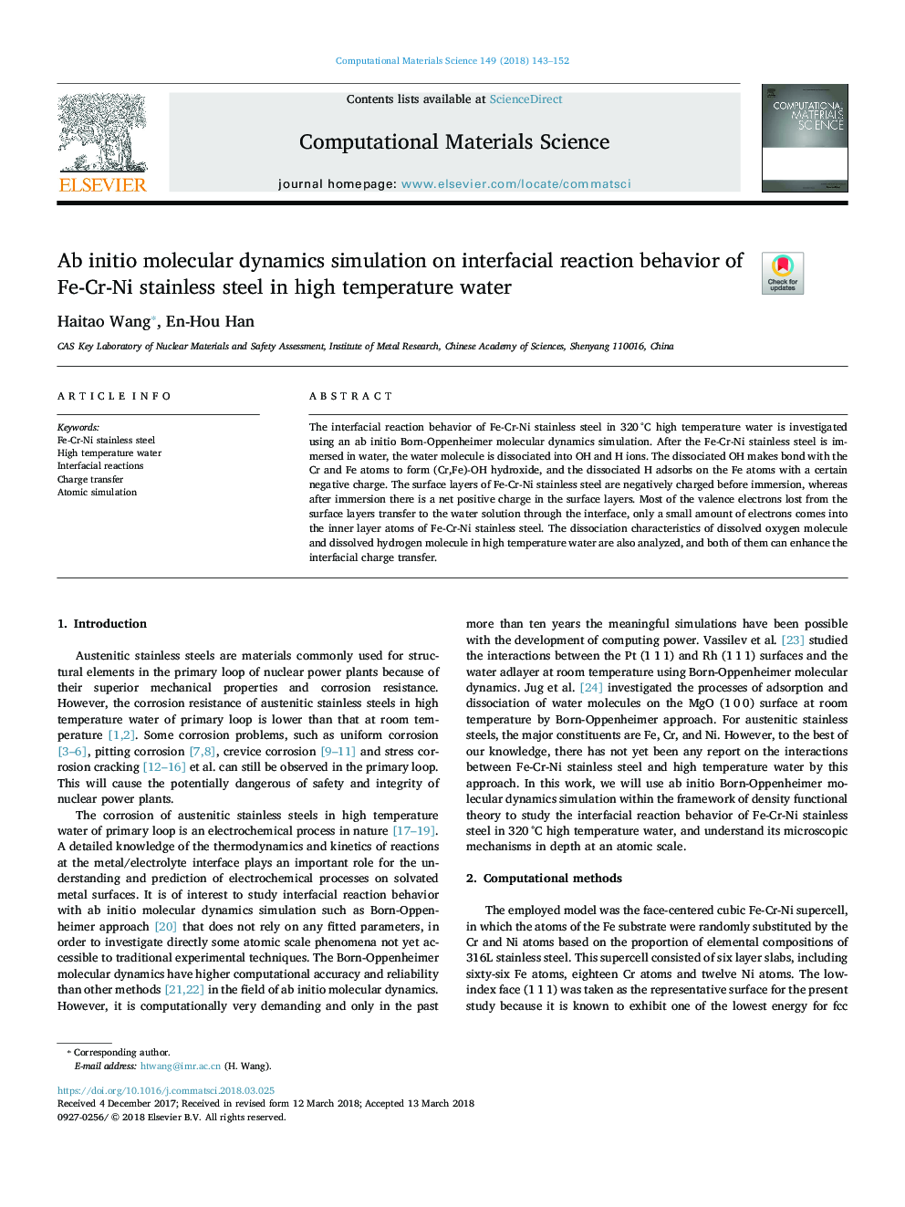 Ab initio molecular dynamics simulation on interfacial reaction behavior of Fe-Cr-Ni stainless steel in high temperature water