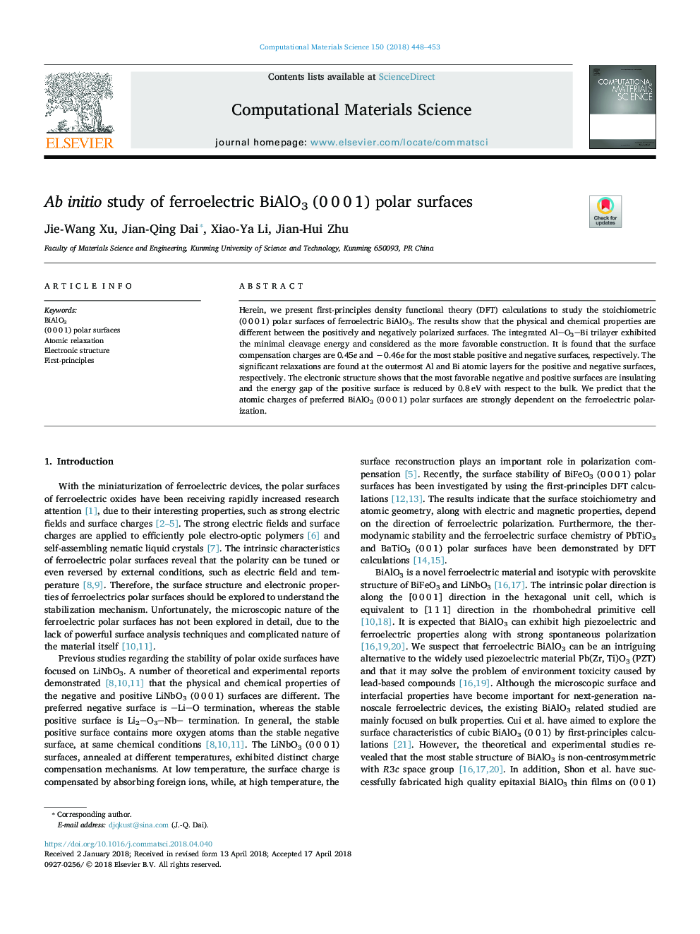 Ab initio study of ferroelectric BiAlO3 (0â¯0â¯0â¯1) polar surfaces