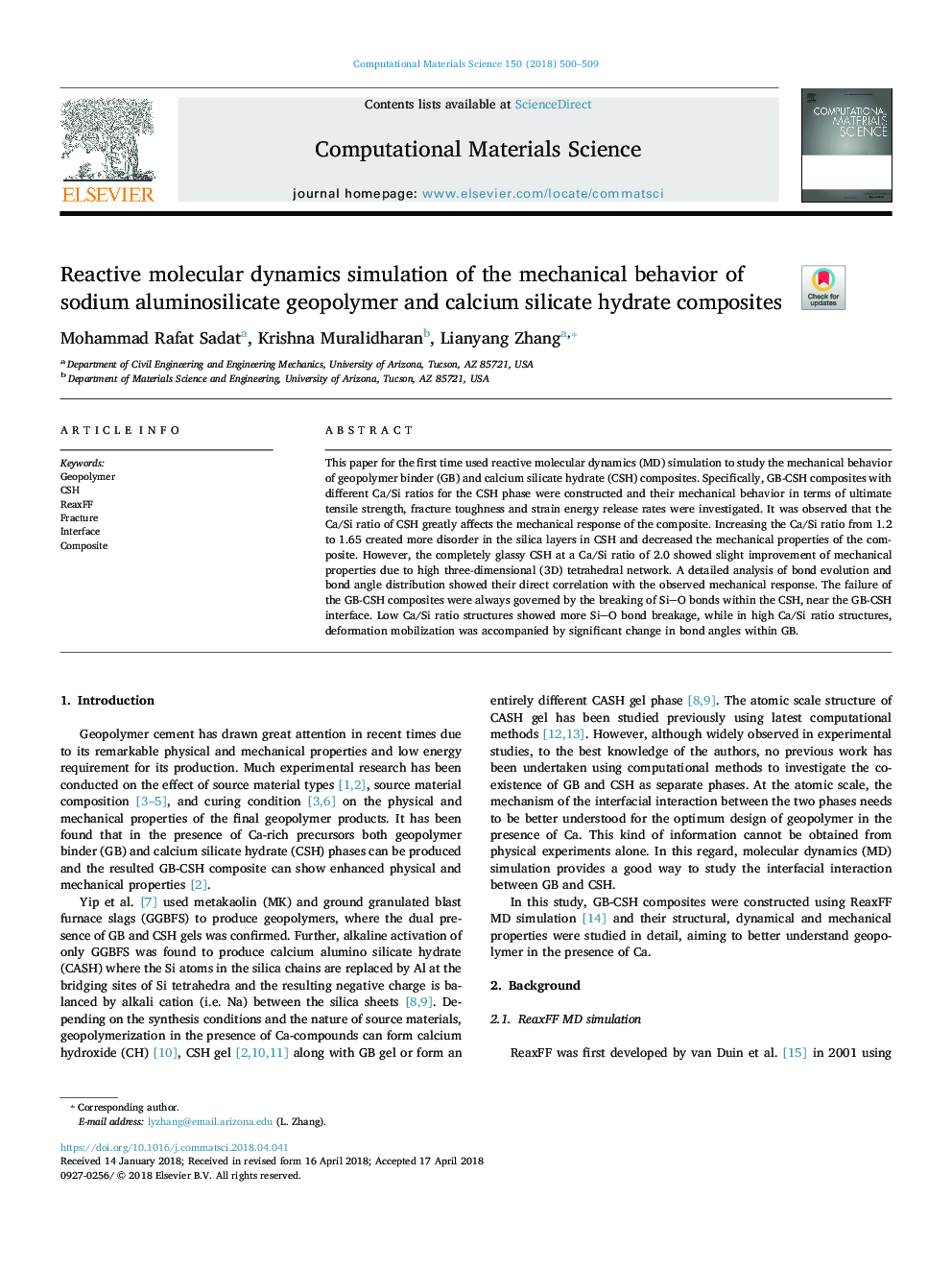 Reactive molecular dynamics simulation of the mechanical behavior of sodium aluminosilicate geopolymer and calcium silicate hydrate composites