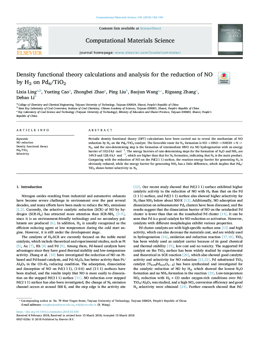 Density functional theory calculations and analysis for the reduction of NO by H2 on Pd6/TiO2