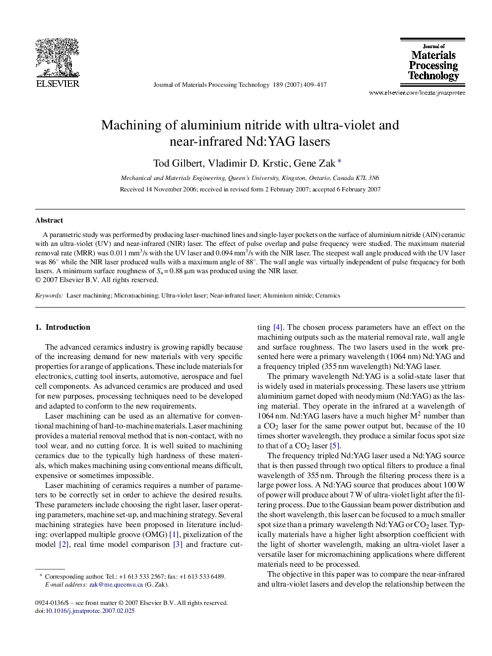 Machining of aluminium nitride with ultra-violet and near-infrared Nd:YAG lasers