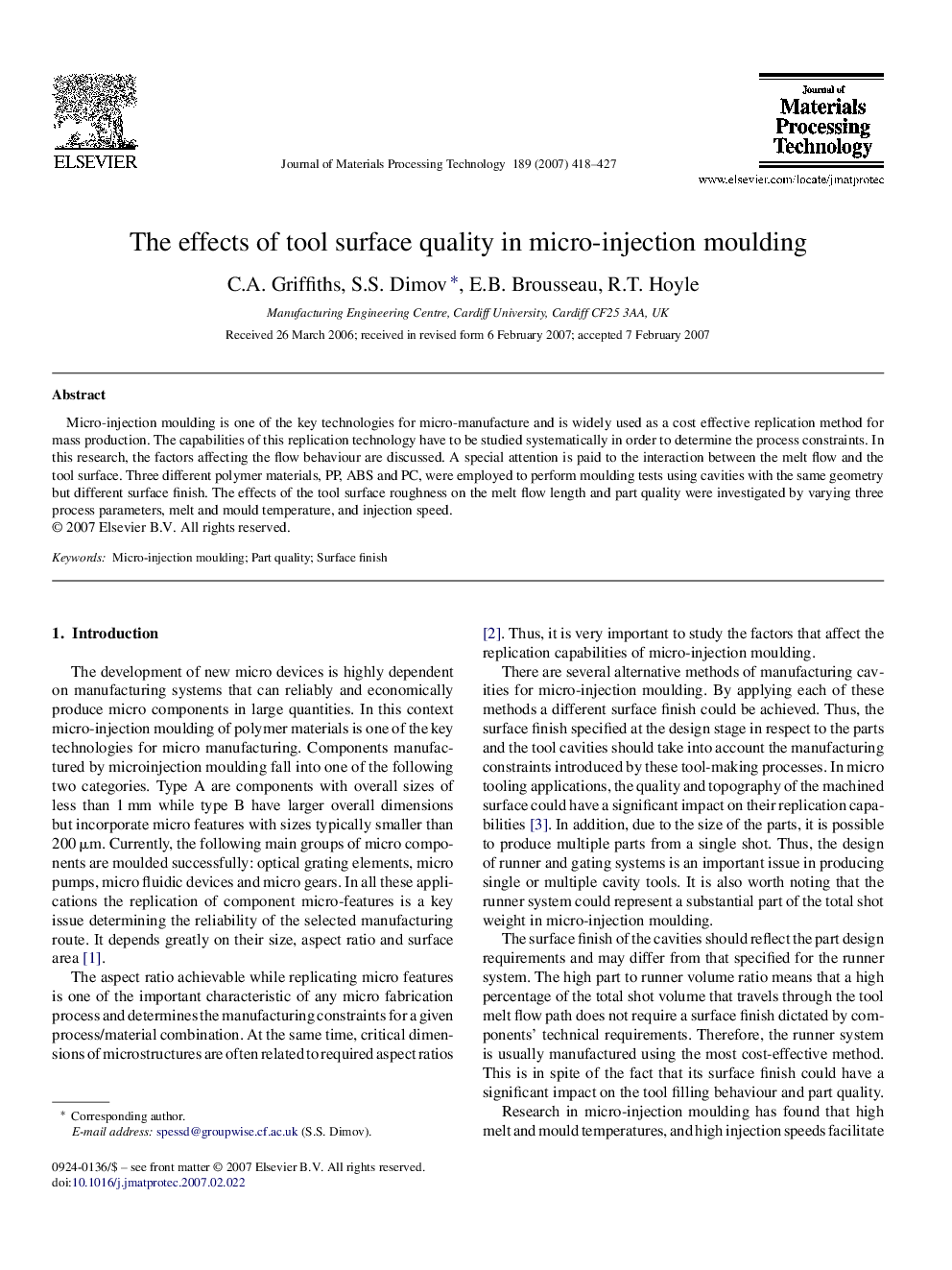 The effects of tool surface quality in micro-injection moulding