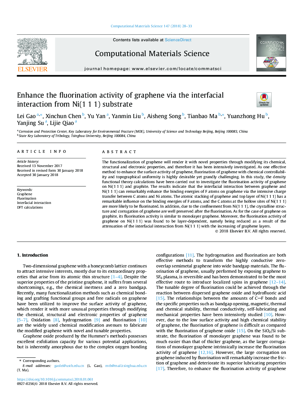 عکس صفحه اول مقاله: Enhance the fluorination activity of graphene via the interfacial interaction from Ni(1â¯1â¯1) substrate Enhance the fluorination activity of graphene via the interfacial interaction from Ni(1â¯1â¯1) substrate