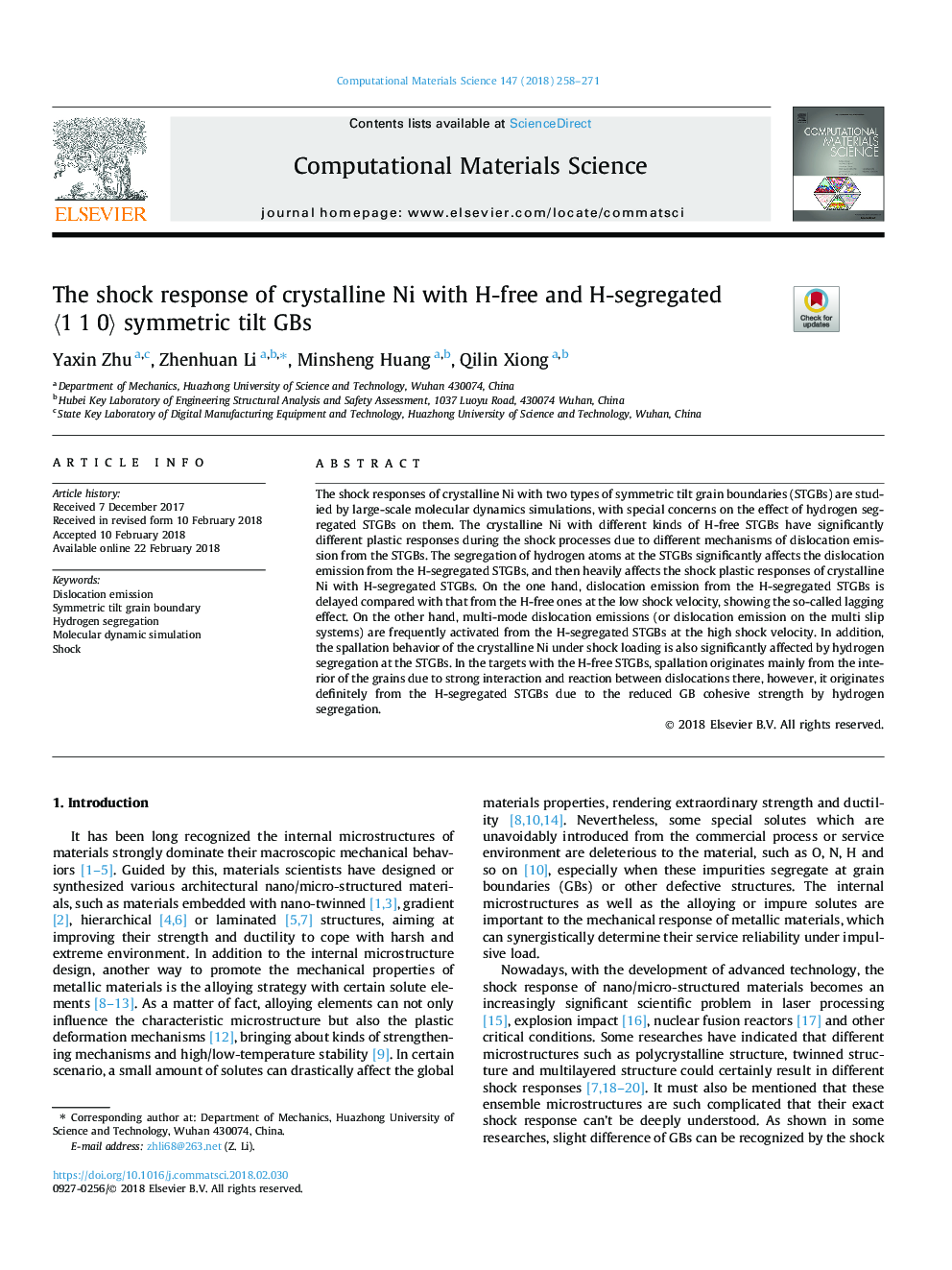 The shock response of crystalline Ni with H-free and H-segregatedâ¯ã1â¯1â¯0ã symmetric tilt GBs