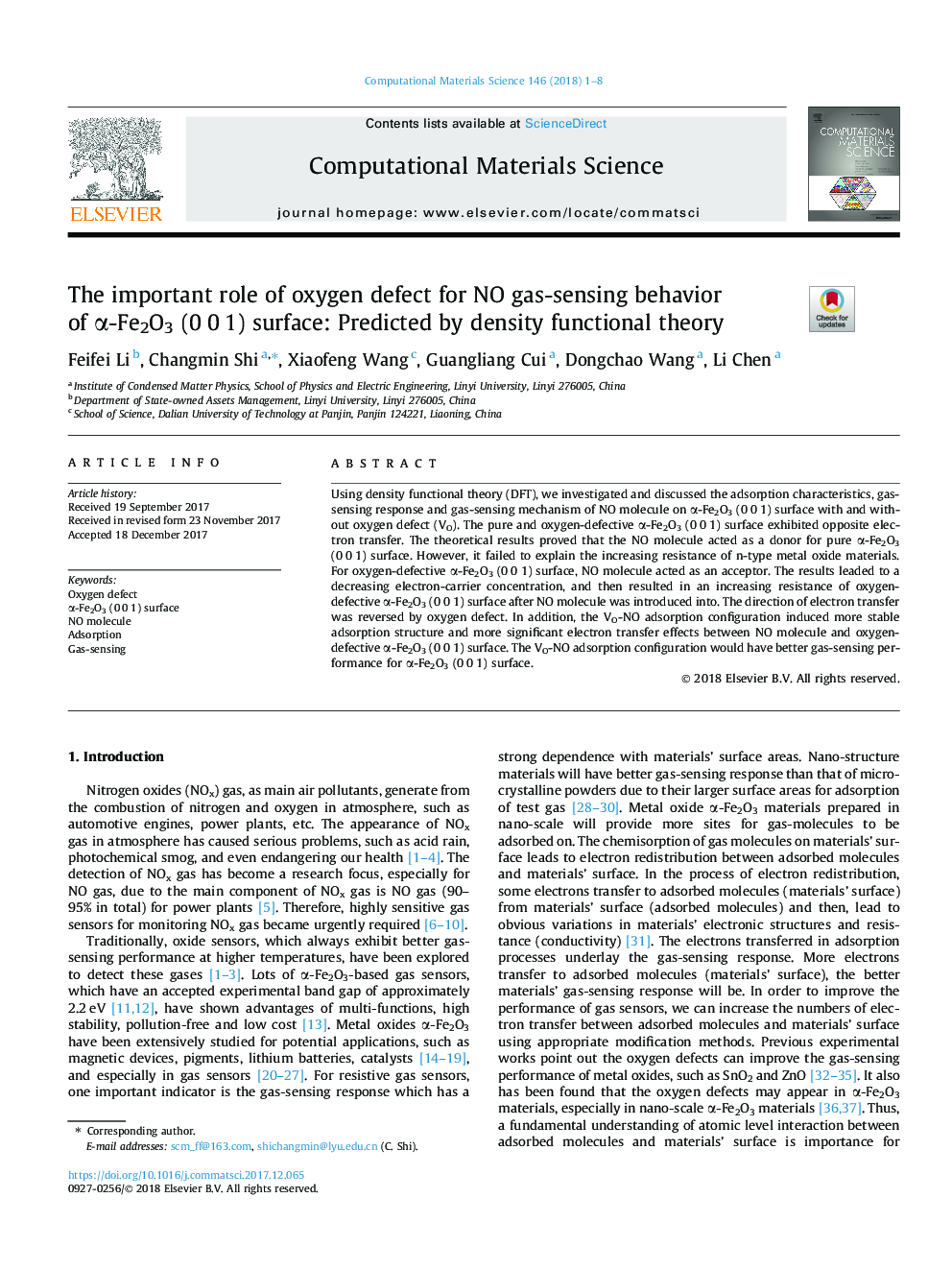The important role of oxygen defect for NO gas-sensing behavior of Î±-Fe2O3 (0â¯0â¯1) surface: Predicted by density functional theory