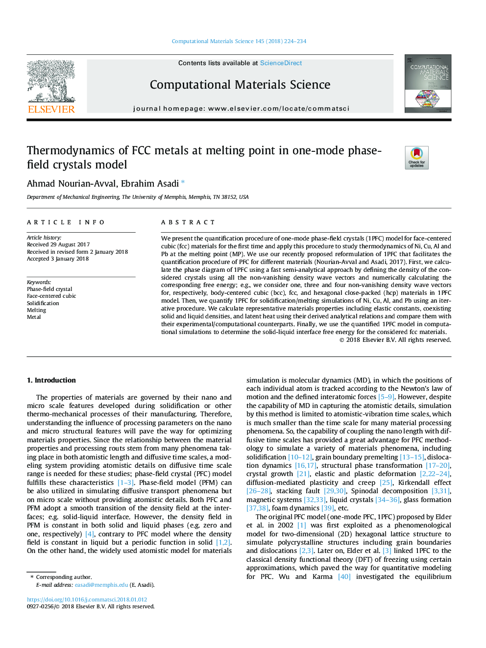 Thermodynamics of FCC metals at melting point in one-mode phase-field crystals model