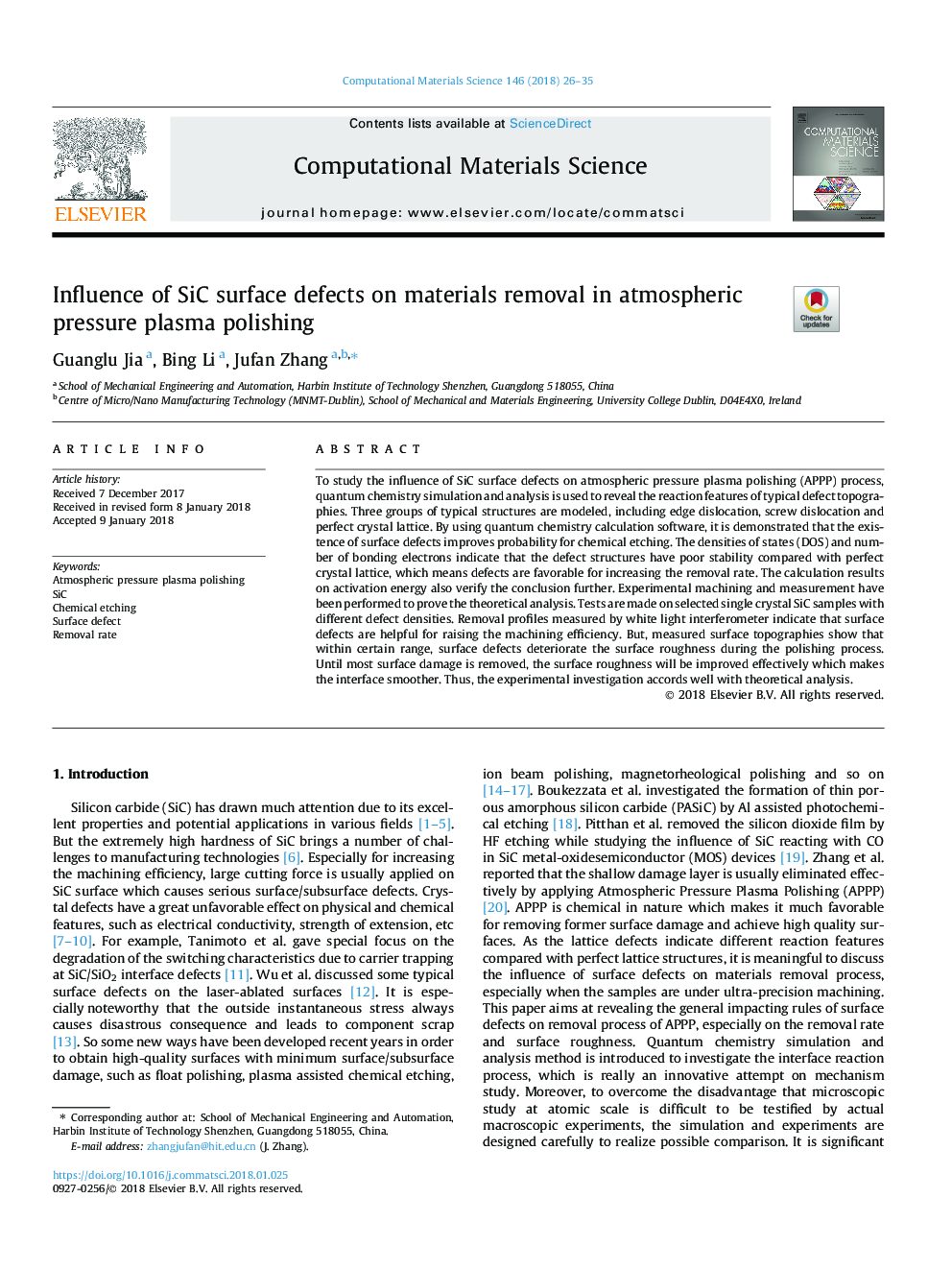 Influence of SiC surface defects on materials removal in atmospheric pressure plasma polishing