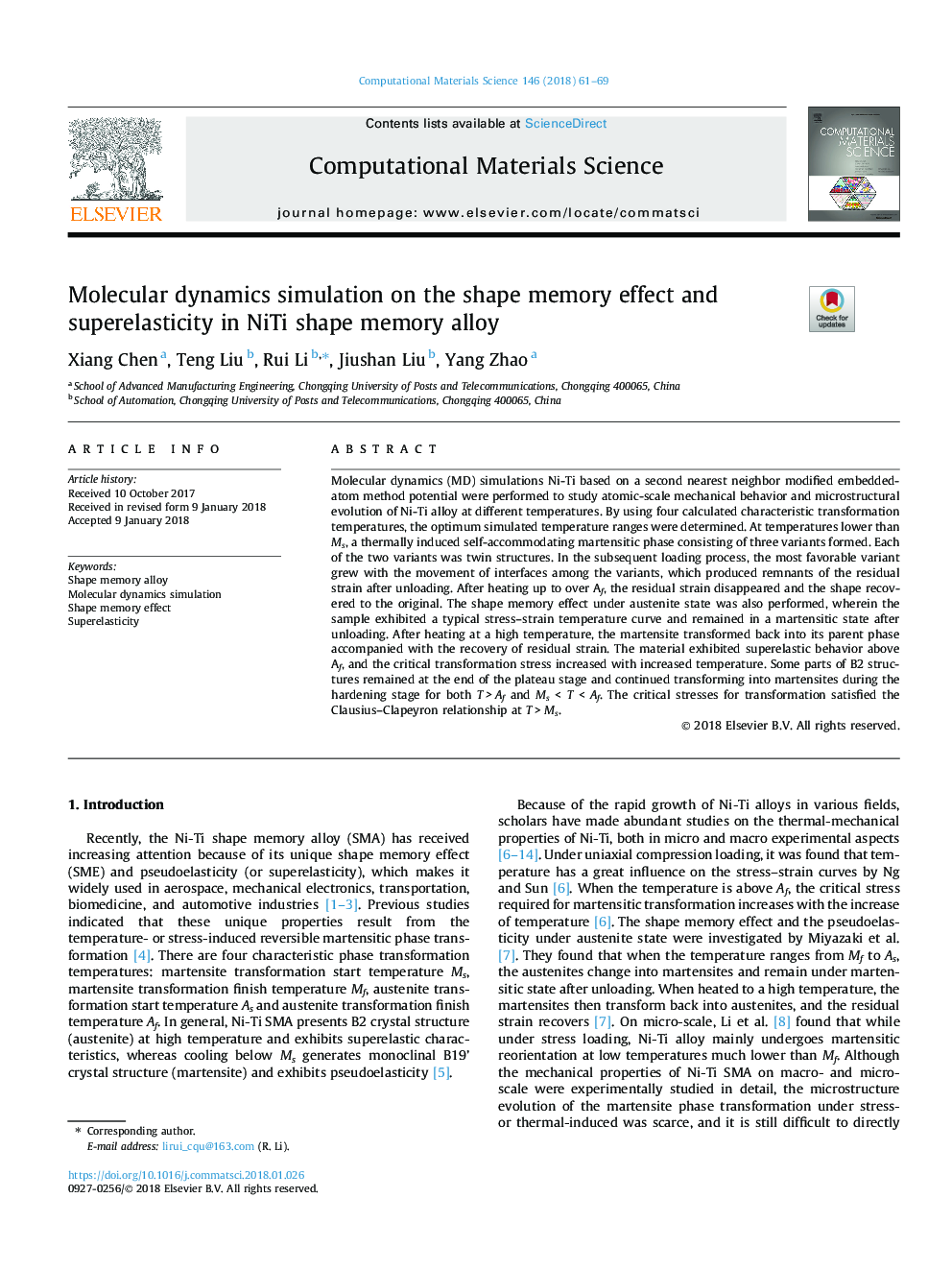 Molecular dynamics simulation on the shape memory effect and superelasticity in NiTi shape memory alloy