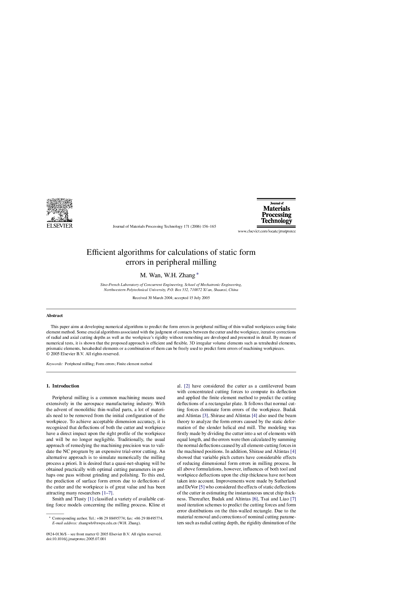 Efficient algorithms for calculations of static form errors in peripheral milling