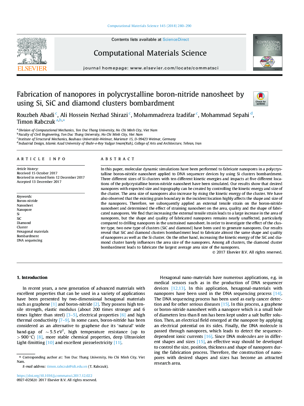 Fabrication of nanopores in polycrystalline boron-nitride nanosheet by using Si, SiC and diamond clusters bombardment