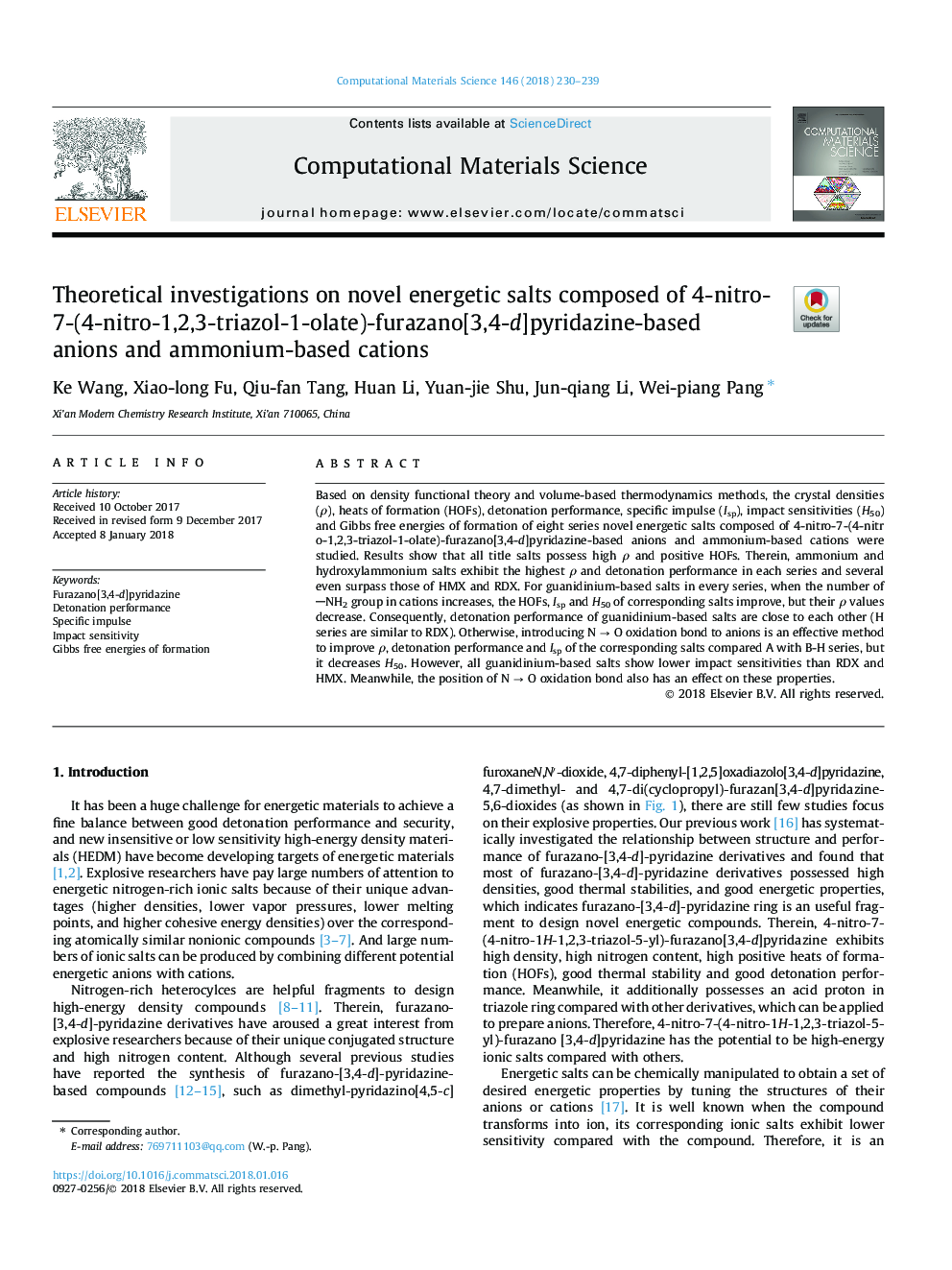 Theoretical investigations on novel energetic salts composed of 4-nitro-7-(4-nitro-1,2,3-triazol-1-olate)-furazano[3,4-d]pyridazine-based anions and ammonium-based cations