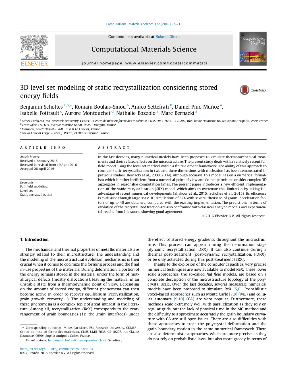 3D level set modeling of static recrystallization considering stored energy fields