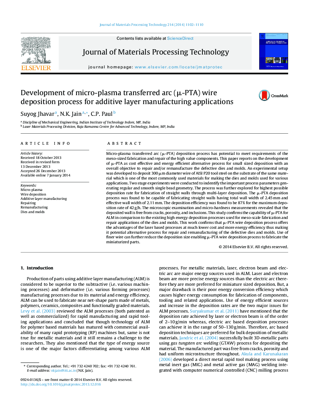 Development of micro-plasma transferred arc (μ-PTA) wire deposition process for additive layer manufacturing applications