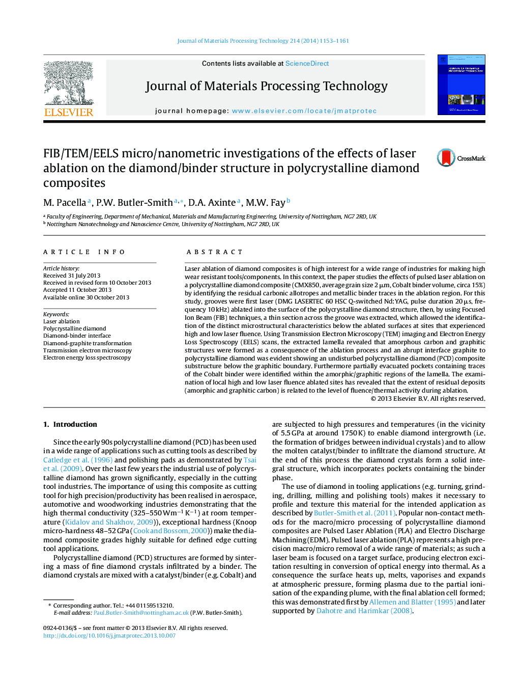 FIB/TEM/EELS micro/nanometric investigations of the effects of laser ablation on the diamond/binder structure in polycrystalline diamond composites