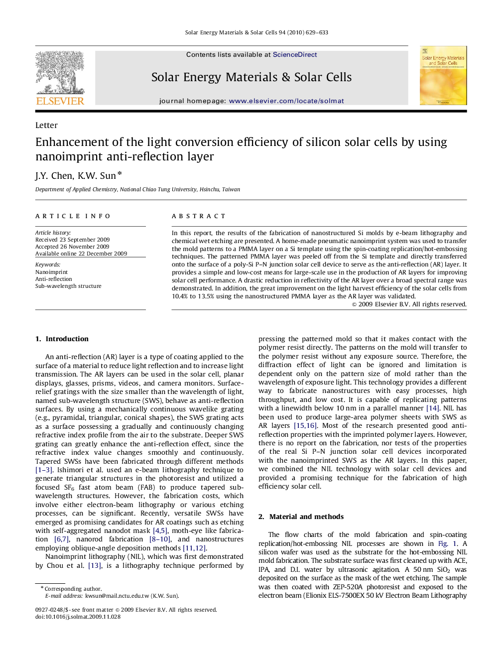 Enhancement of the light conversion efficiency of silicon solar cells by using nanoimprint anti-reflection layer