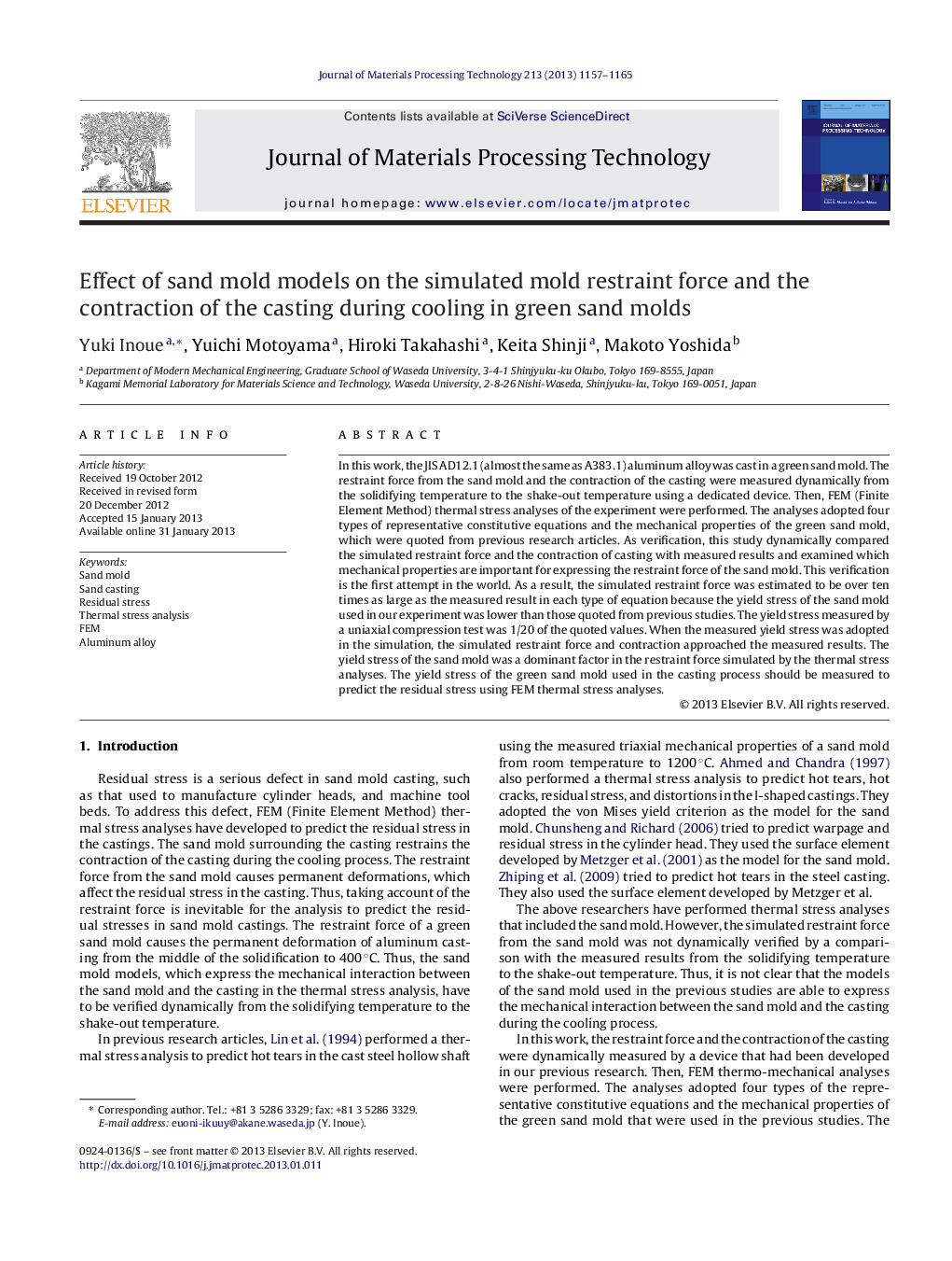 Effect of sand mold models on the simulated mold restraint force and the contraction of the casting during cooling in green sand molds