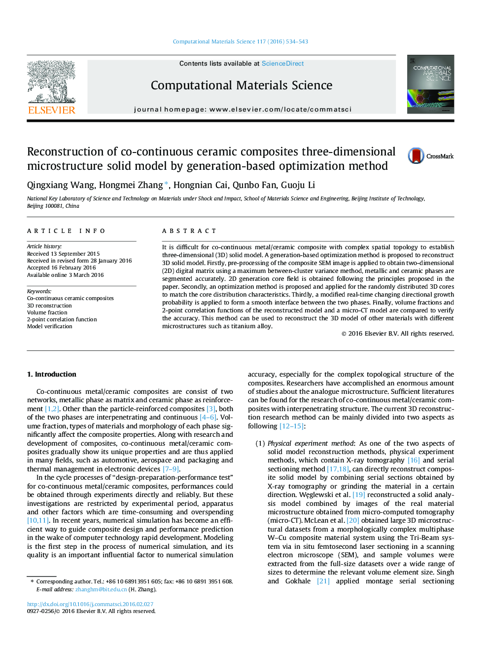 Reconstruction of co-continuous ceramic composites three-dimensional microstructure solid model by generation-based optimization method