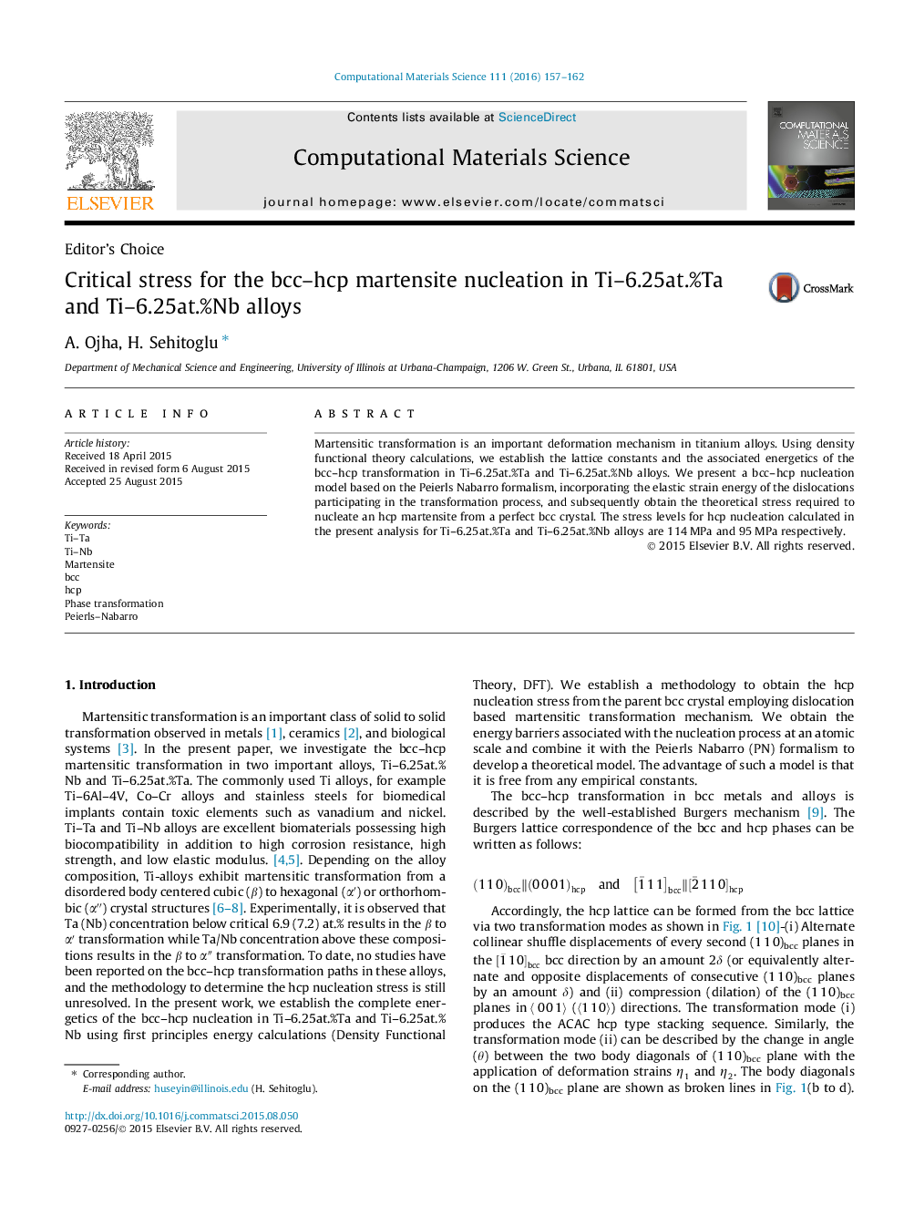 عکس صفحه اول مقاله: Critical stress for the bcc-hcp martensite nucleation in Ti-6.25at.%Ta and Ti-6.25at.%Nb alloys Critical stress for the bcc-hcp martensite nucleation in Ti-6.25at.%Ta and Ti-6.25at.%Nb alloys