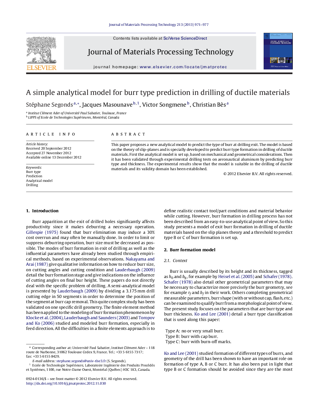 A simple analytical model for burr type prediction in drilling of ductile materials