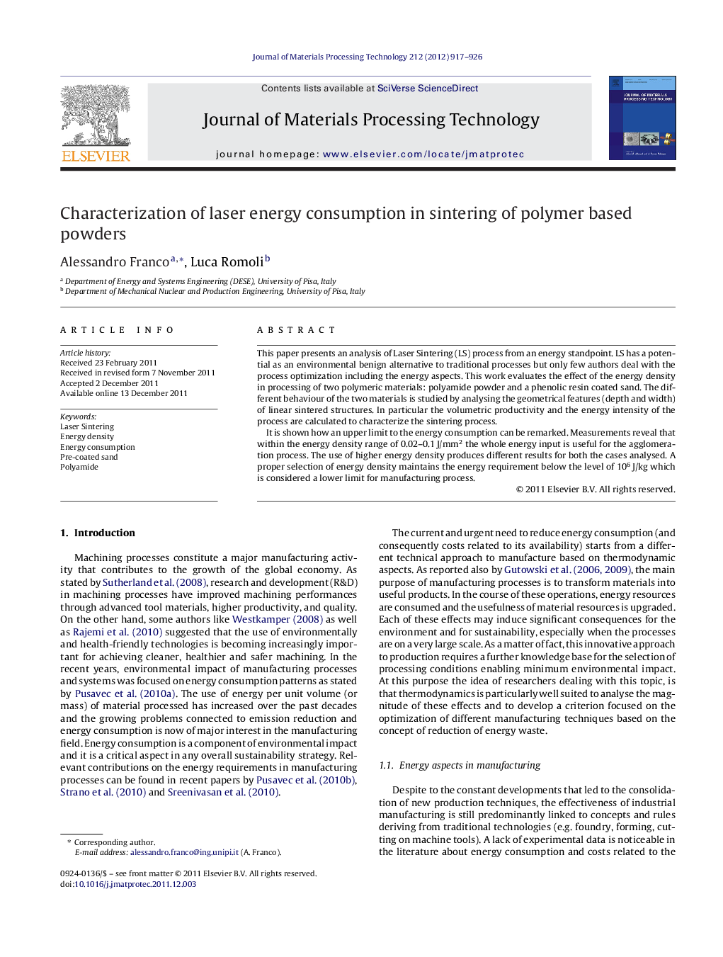 Characterization of laser energy consumption in sintering of polymer based powders