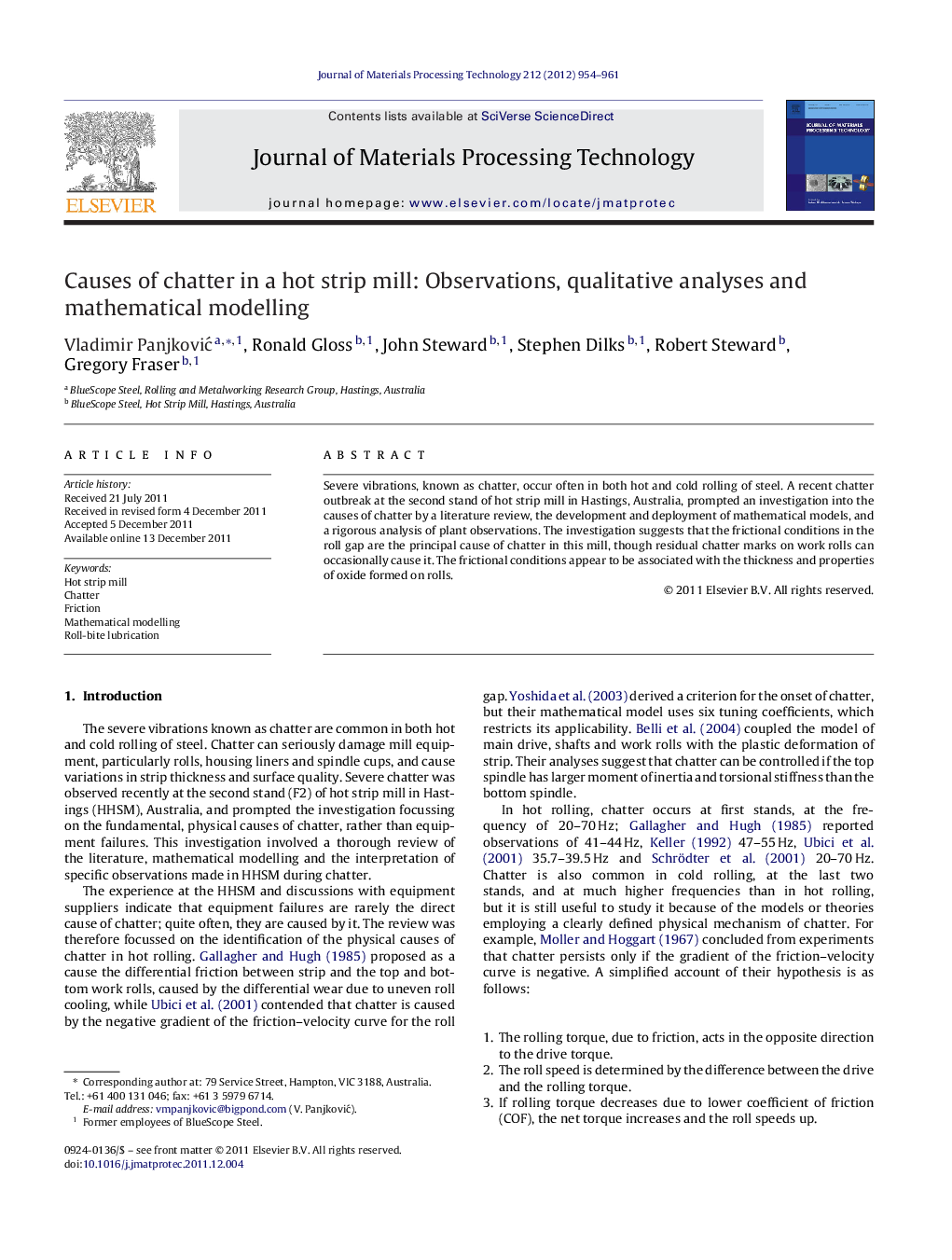 Causes of chatter in a hot strip mill: Observations, qualitative analyses and mathematical modelling