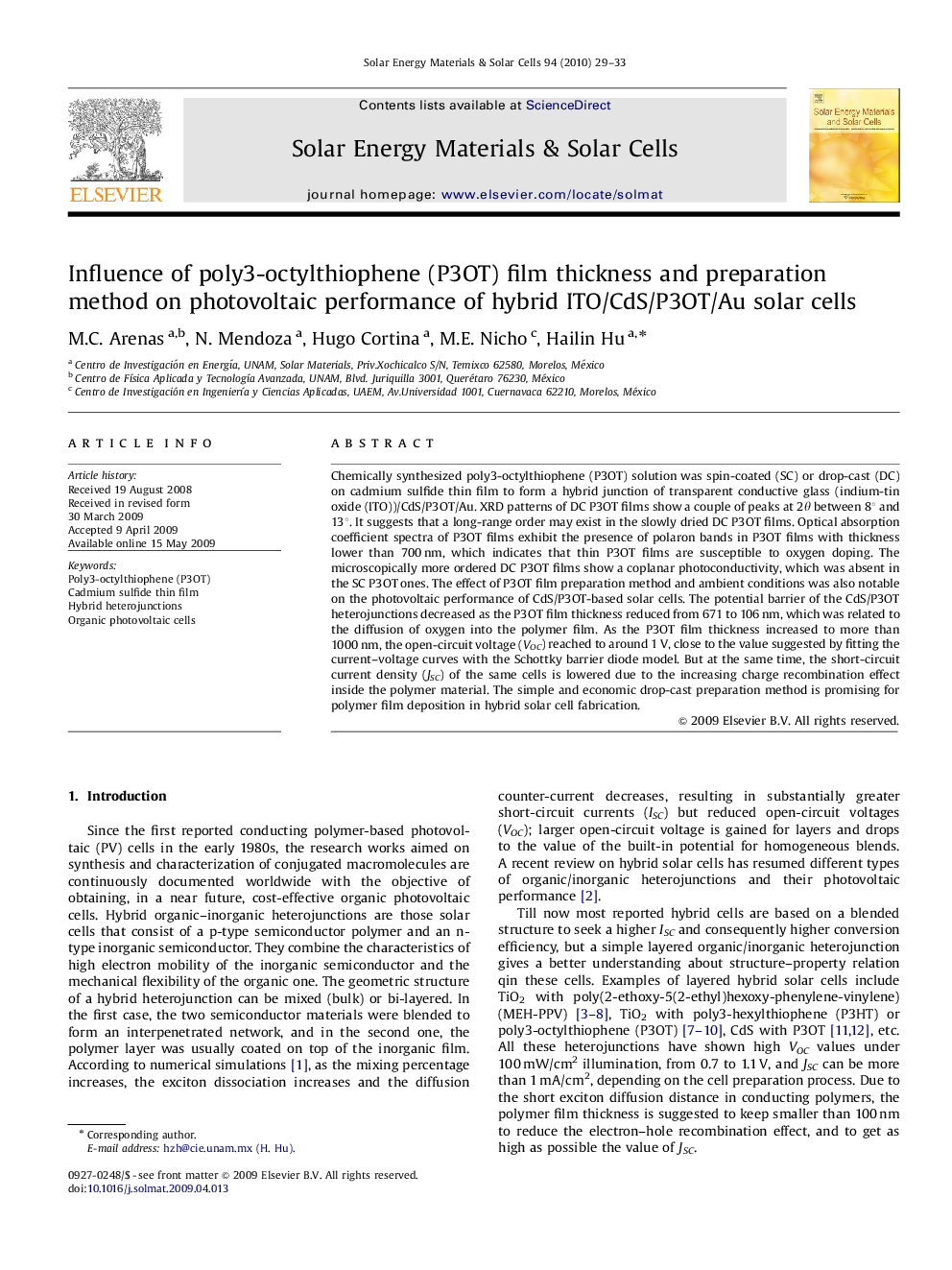 Influence of poly3-octylthiophene (P3OT) film thickness and preparation method on photovoltaic performance of hybrid ITO/CdS/P3OT/Au solar cells