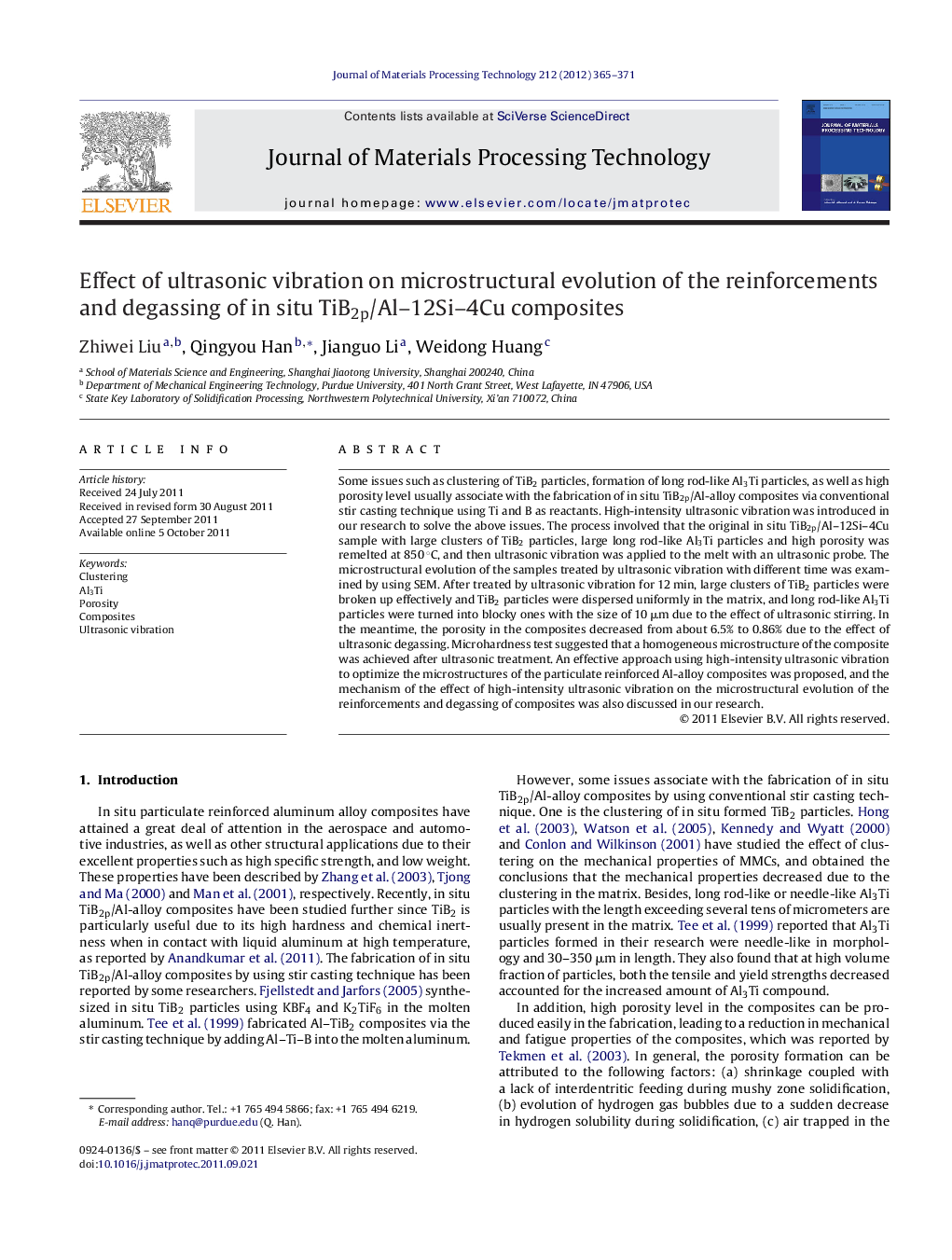 Effect of ultrasonic vibration on microstructural evolution of the reinforcements and degassing of in situ TiB2p/Al–12Si–4Cu composites