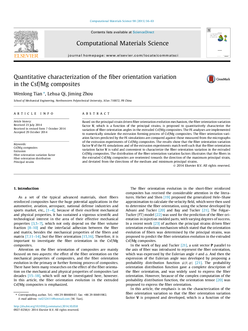 Quantitative characterization of the fiber orientation variation in the Csf/Mg composites