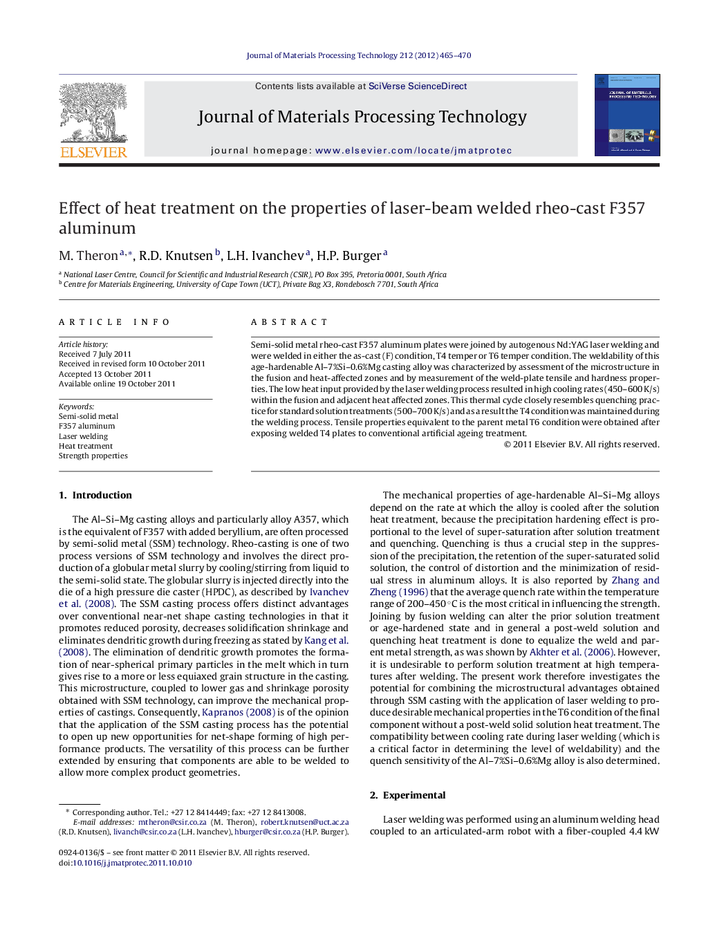 Effect of heat treatment on the properties of laser-beam welded rheo-cast F357 aluminum