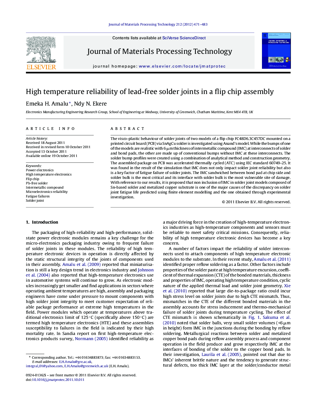 High temperature reliability of lead-free solder joints in a flip chip assembly