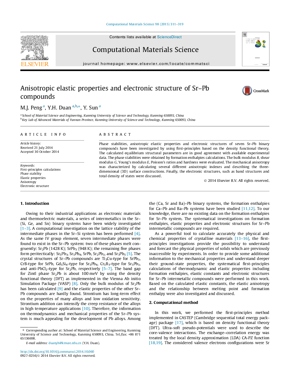 Anisotropic elastic properties and electronic structure of Sr-Pb compounds