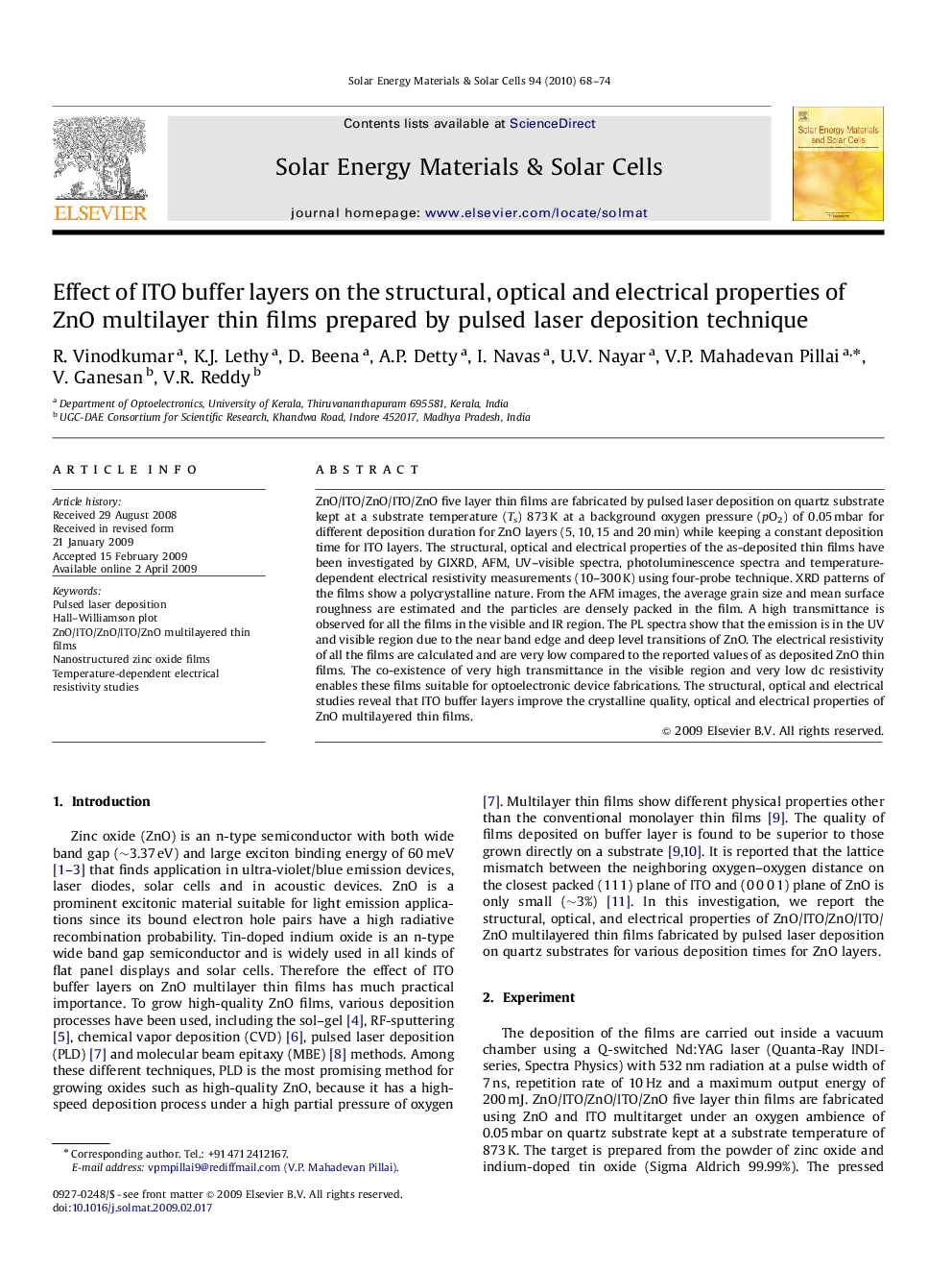 Effect of ITO buffer layers on the structural, optical and electrical properties of ZnO multilayer thin films prepared by pulsed laser deposition technique