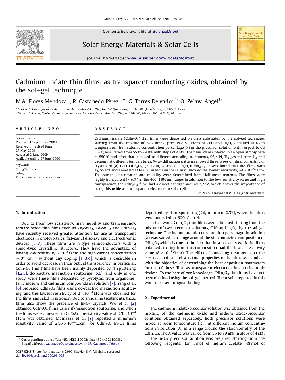 Cadmium indate thin films, as transparent conducting oxides, obtained by the sol–gel technique