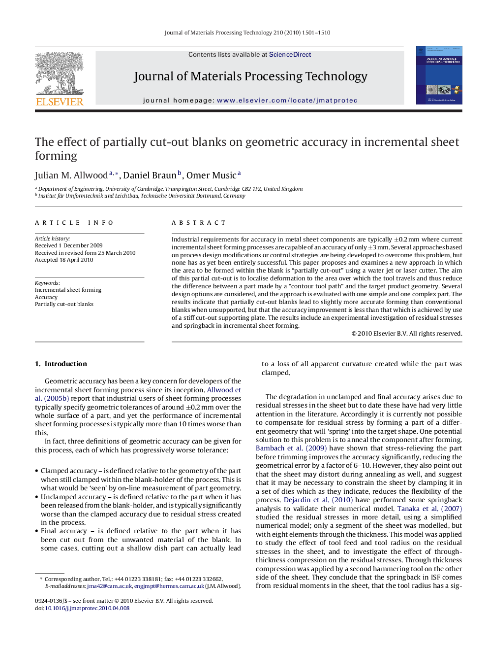 The effect of partially cut-out blanks on geometric accuracy in incremental sheet forming