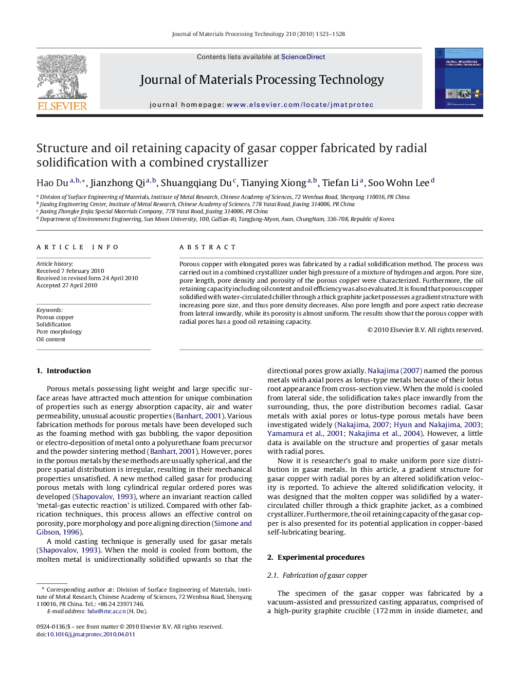 Structure and oil retaining capacity of gasar copper fabricated by radial solidification with a combined crystallizer