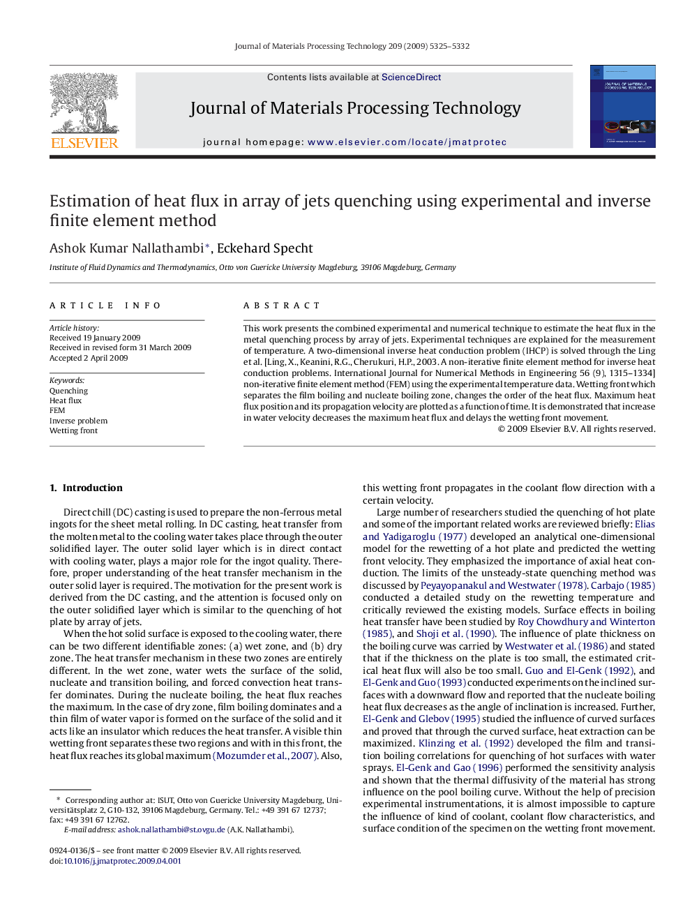 Estimation of heat flux in array of jets quenching using experimental and inverse finite element method