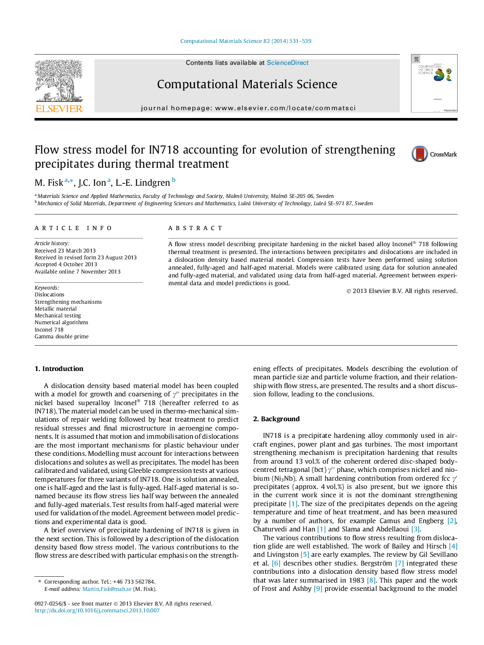 Flow stress model for IN718 accounting for evolution of strengthening precipitates during thermal treatment