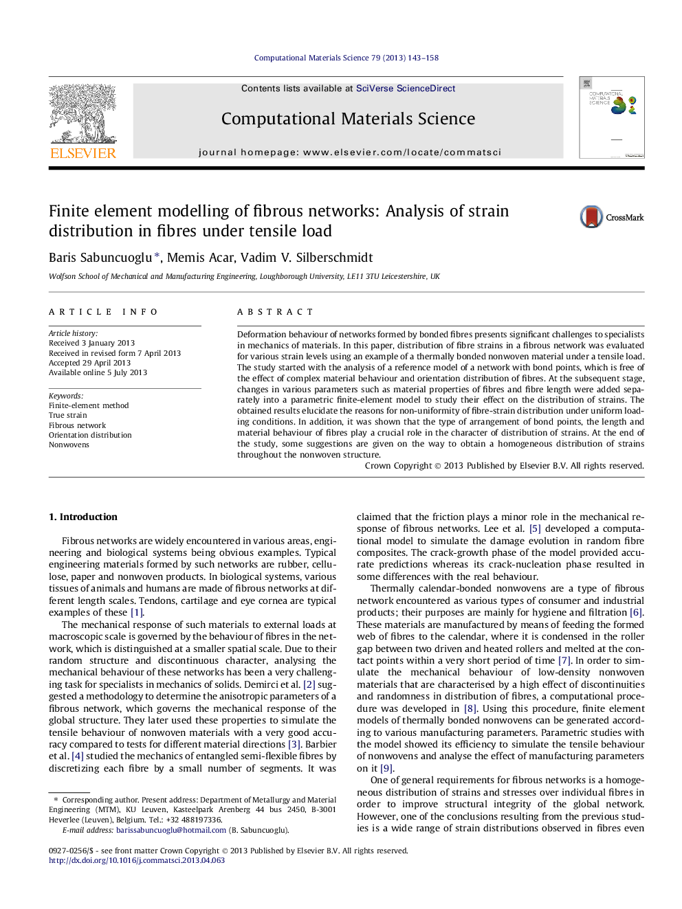 Finite element modelling of fibrous networks: Analysis of strain distribution in fibres under tensile load