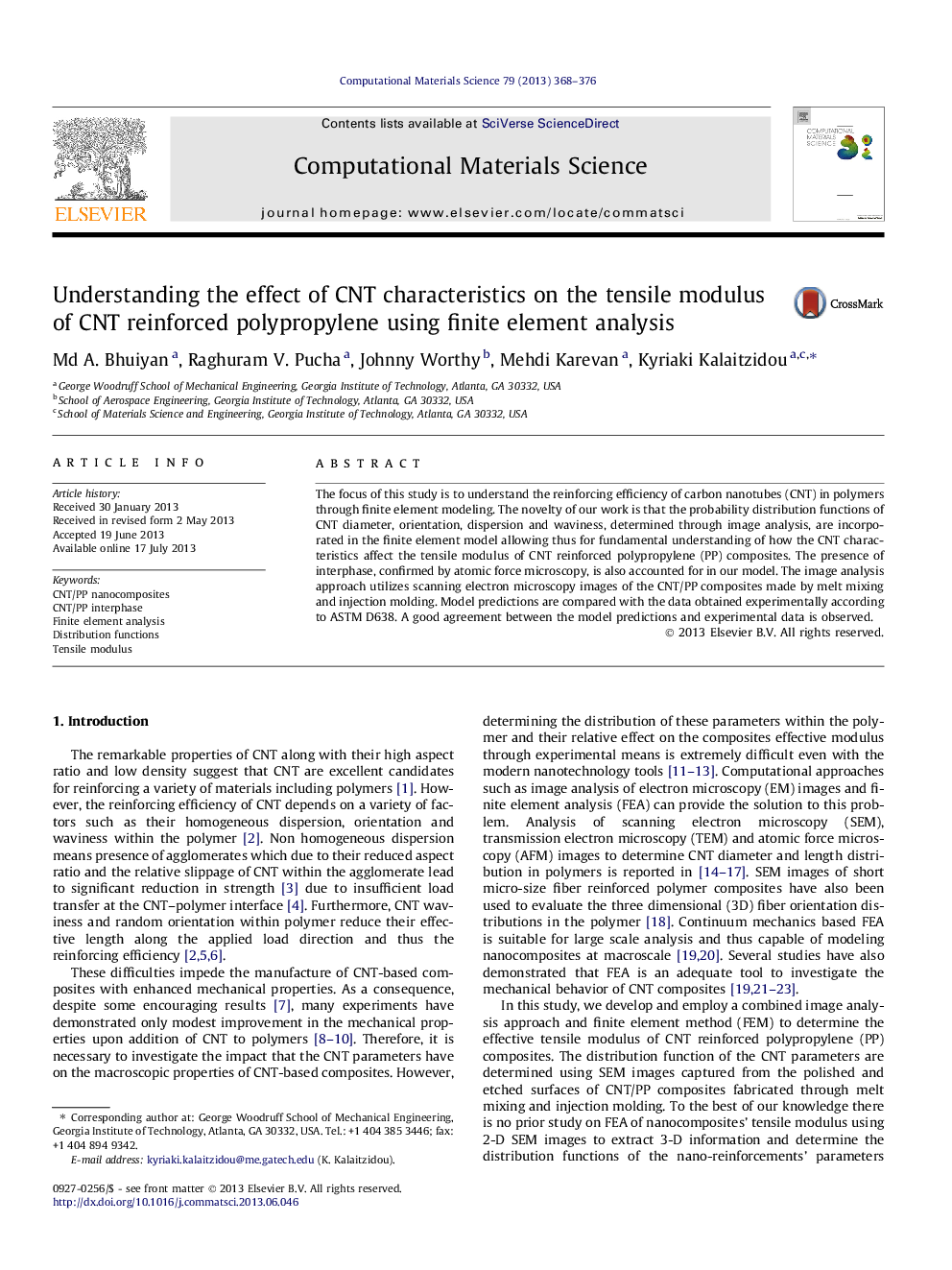 Understanding the effect of CNT characteristics on the tensile modulus of CNT reinforced polypropylene using finite element analysis