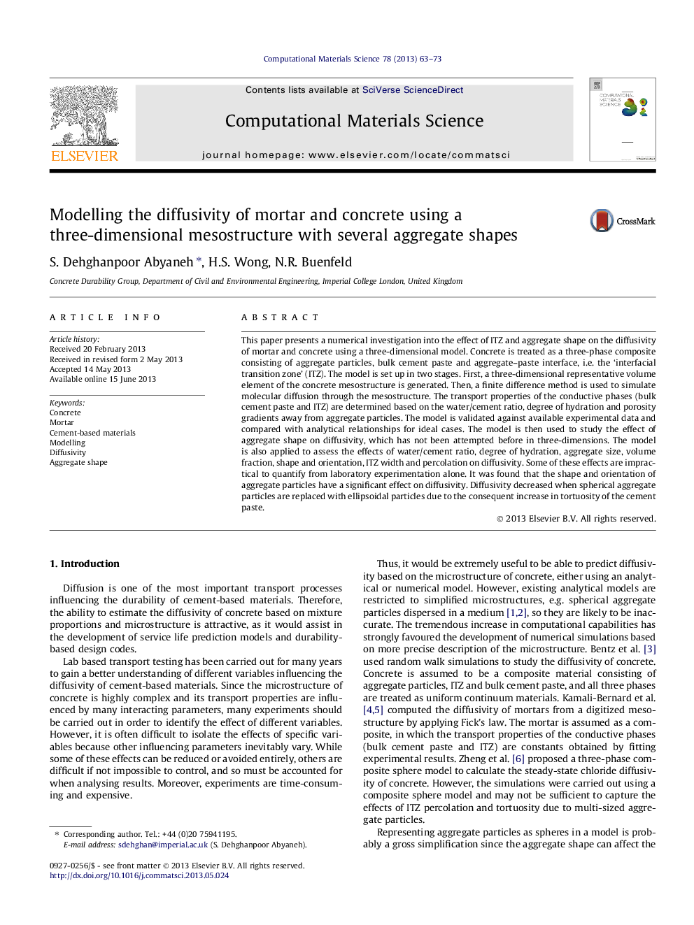 Modelling the diffusivity of mortar and concrete using a three-dimensional mesostructure with several aggregate shapes