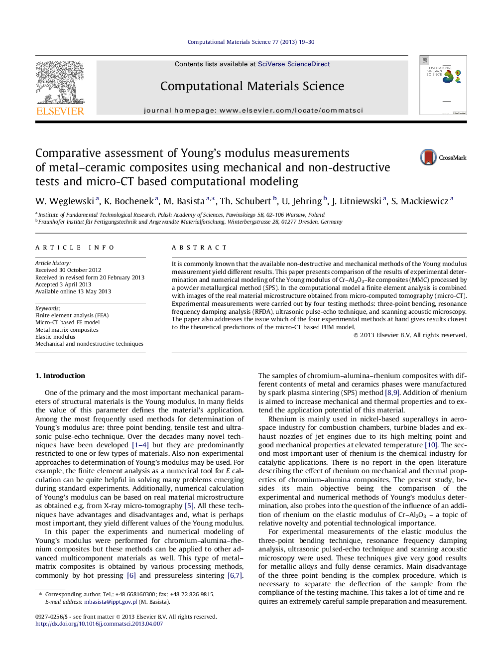 Comparative assessment of Young's modulus measurements of metal-ceramic composites using mechanical and non-destructive tests and micro-CT based computational modeling