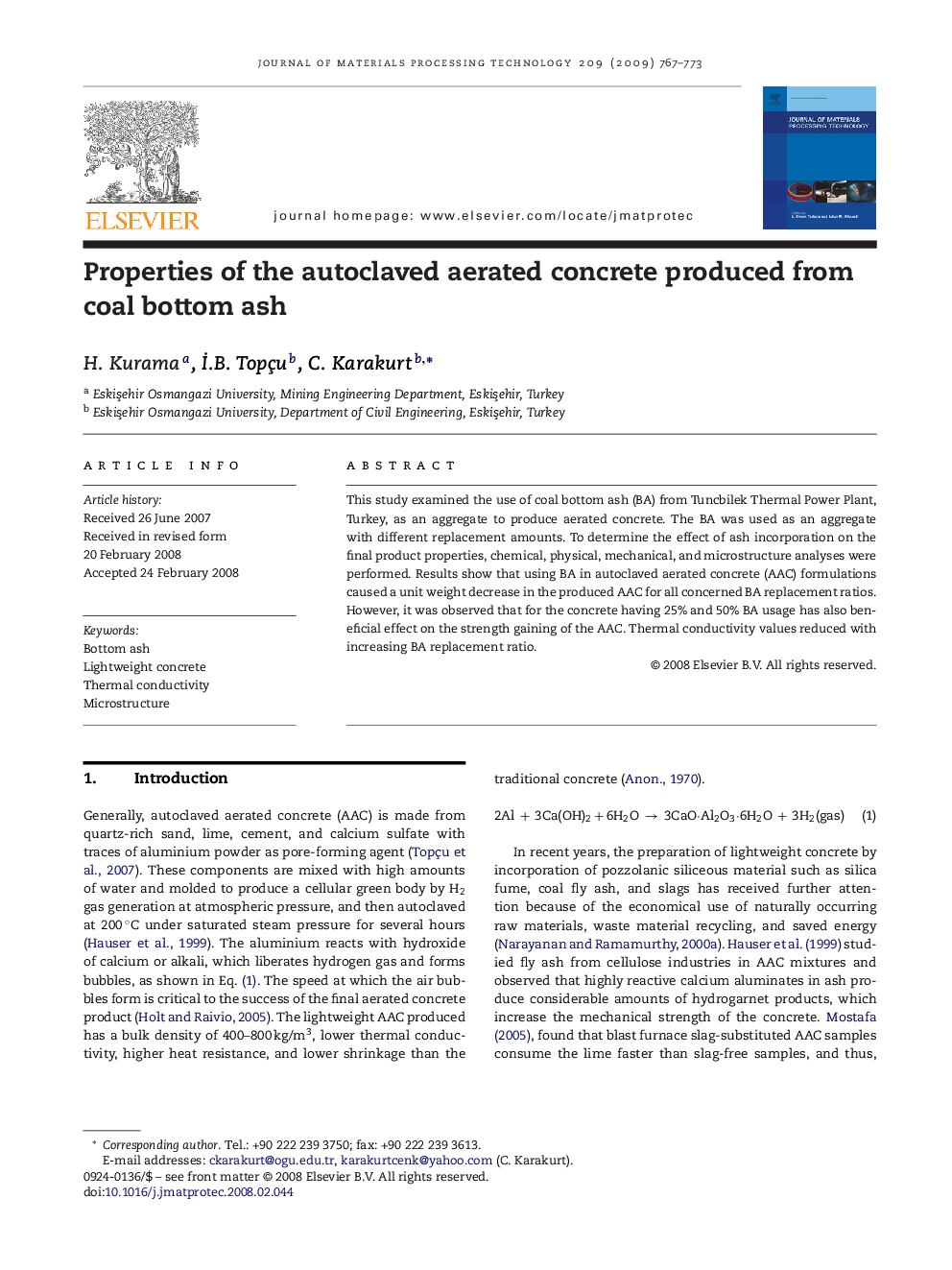 Properties of the autoclaved aerated concrete produced from coal bottom ash