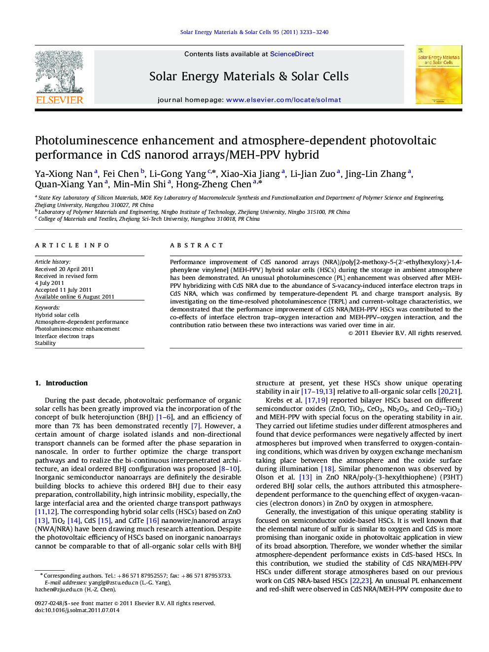 Photoluminescence enhancement and atmosphere-dependent photovoltaic performance in CdS nanorod arrays/MEH-PPV hybrid