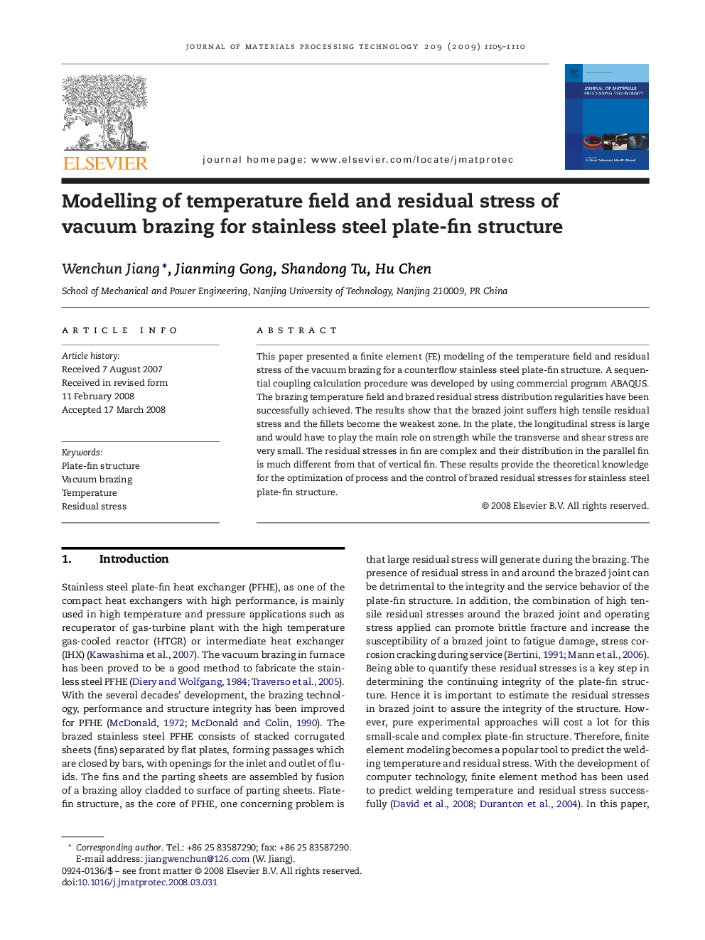 Modelling of temperature field and residual stress of vacuum brazing for stainless steel plate-fin structure