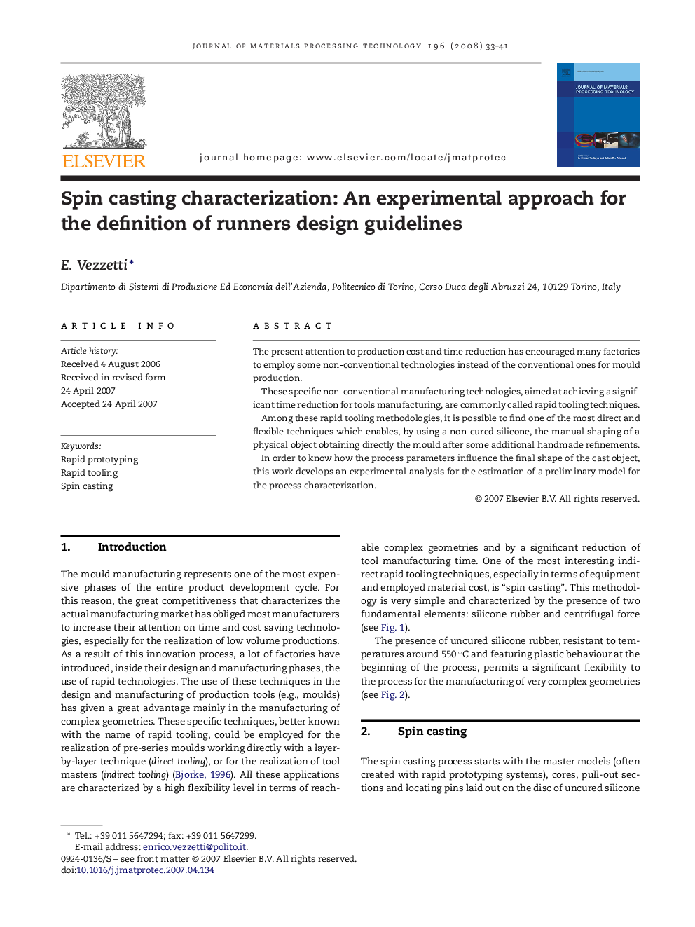 Spin casting characterization: An experimental approach for the definition of runners design guidelines