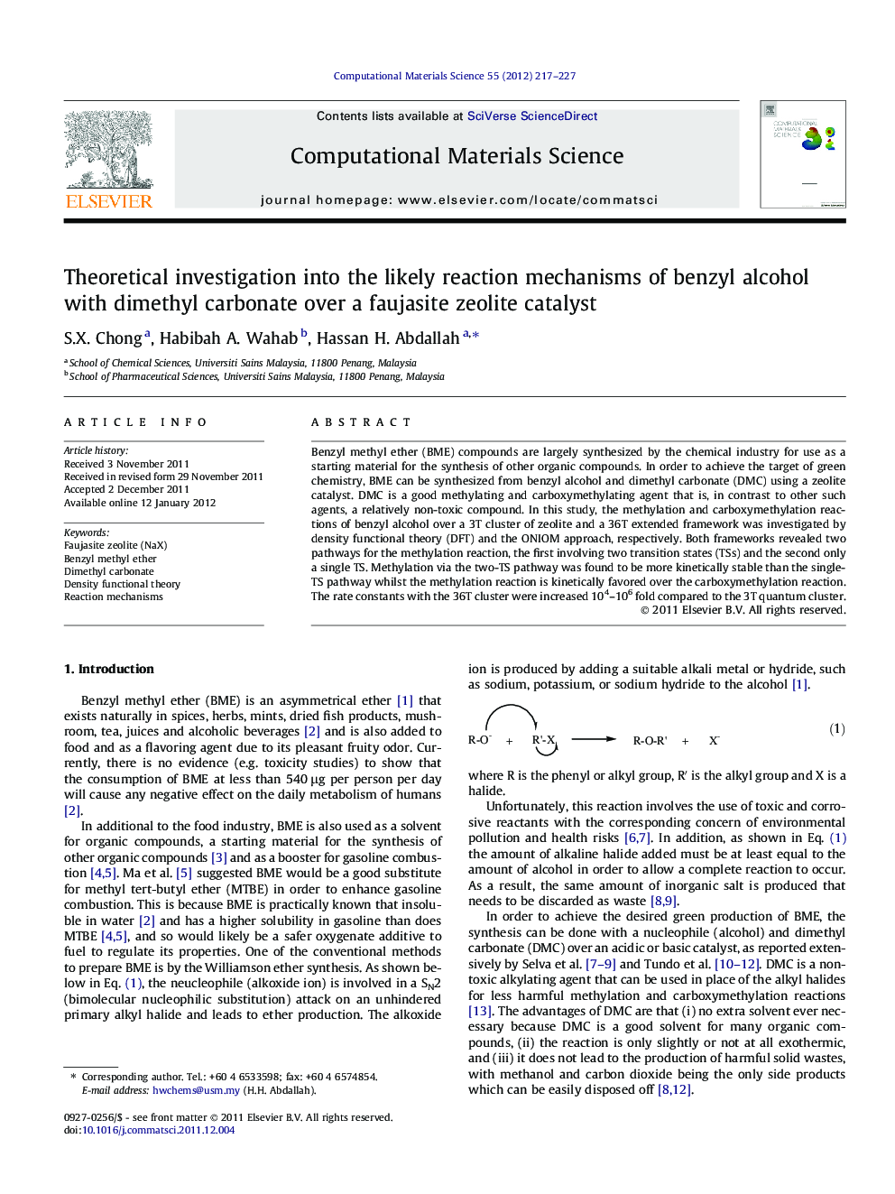 Theoretical investigation into the likely reaction mechanisms of benzyl alcohol with dimethyl carbonate over a faujasite zeolite catalyst