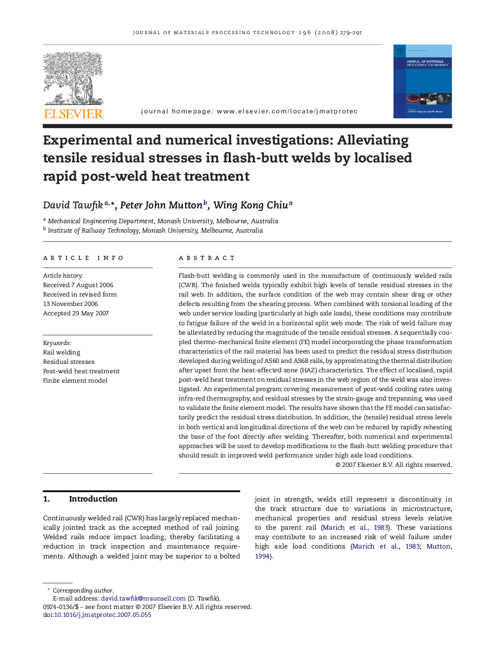 Experimental and numerical investigations: Alleviating tensile residual stresses in flash-butt welds by localised rapid post-weld heat treatment