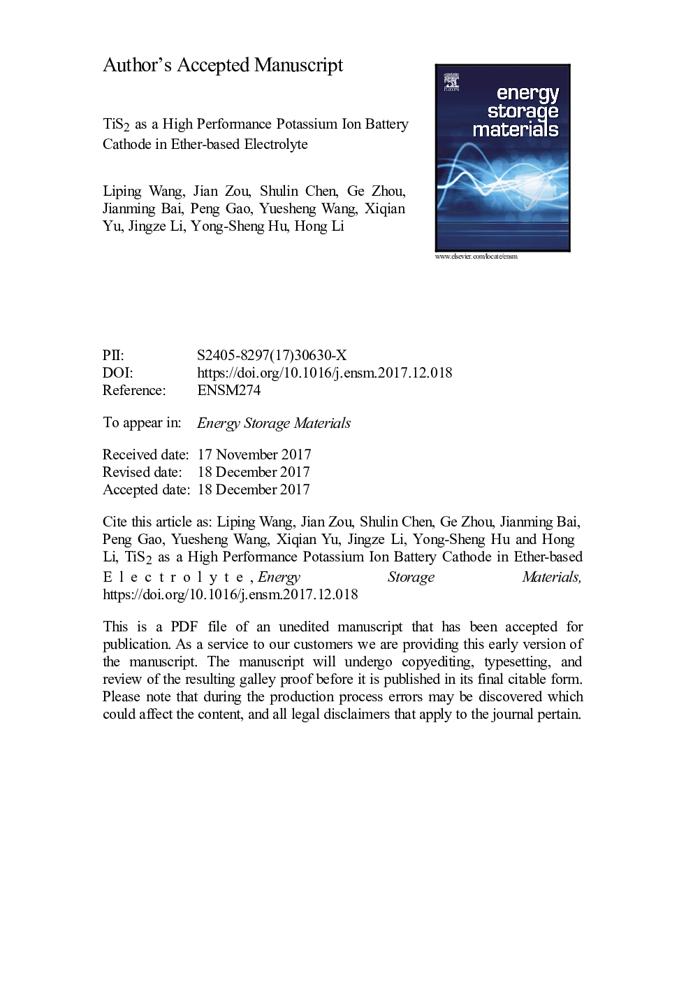 TiS2 as a high performance potassium ion battery cathode in ether-based electrolyte